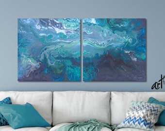 Gray and teal wall art canvas abstract, 2 piece print set, Aqua blue turquoise navy