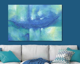 Oversized canvas wall art, Cobalt blue, lime green, teal, navy & white, Contemporary abstract art, Above bed decor, Art over couch