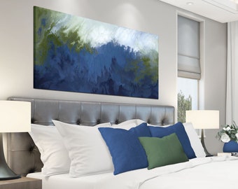 Green & navy blue painting, abstract canvas art print / Oversized wall art above bed, decor above couch, or dining room artwork