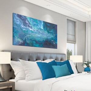Blue Gray And Teal Wall Art Canvas Abstract Long Horizontal Etsy