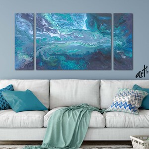 3 piece wall art canvas, Abstract print set, Blue teal gray triptych painting - Dining room pictures, Living room wall decor, Above bed art