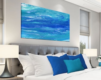 Teal & cobalt blue abstract coastal artwork, Long horizontal wall art canvas, over bed decor, above couch or dining room pictures