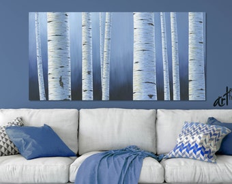 Navy horizontal canvas wall art, Large aspen birch tree painting - White & blue wall decor above bed, art for living room or dining pictures