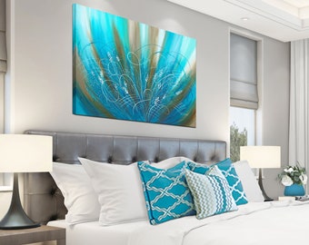 Bedroom picture, Flower art work / Brown aqua blue turquoise & teal print / Large abstract floral canvas wall art above bed decor