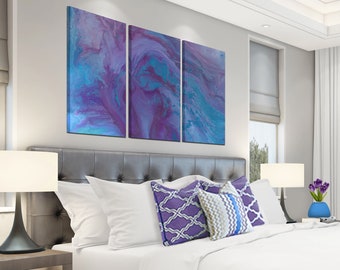 Purple and blue abstract wall art, Plum turquoise, 3 piece canvas print set, Large multi panel triptych
