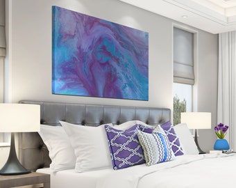 Purple and blue abstract canvas, Large wall art for bedroom or bathroom wall decor, Turquoise plum grey print