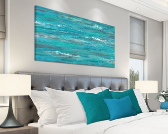 Long horizontal canvas wall art, over bed decor, above couch artwork or dining room pictures, Turquoise gray and teal