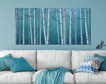 Aspen trees 3 piece wall art canvas triptych, Teal blue gray & white, Wall pictures for dining room, living area or office art work