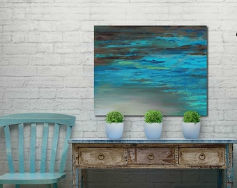 Teal, turquoise, aqua blue & brown, Abstract ocean water, Coastal beach canvas wall pictures for bathroom, living room, foyer wall art