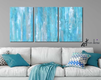 Large wall art, Teal gray aqua blue abstract, Multi-panel 3 piece canvas print set, Living room, dining or bedroom wall decor 60" 72" 90"