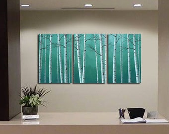 Teal green triptych 3 piece wall art canvas tree painting, Aspen birch tree pictures, Multi panel office lobby or conference room wall decor