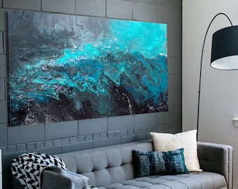 Blue black & grey abstract artwork, Long horizontal canvas wall art, over bed decor, above couch, dining room picture