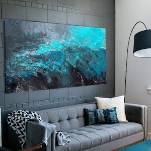 Blue black & grey abstract artwork, Long horizontal canvas wall art, over bed decor, above couch, dining room picture