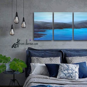 Coastal wall art ocean painting, Blue gray black purple, 3 panel canvas print set for men's bedroom or living room beach decor image 7