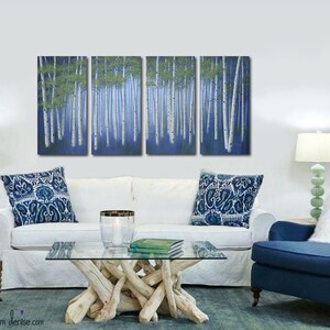 Large original birch tree paintings, 4 piece canvas wall art, Aspen trees decor, Office art work in navy blue & green image 8