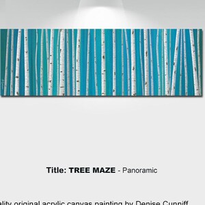 Original birch tree painting, Teal blue gray turquoise green, Panoramic canvas wall art image 2