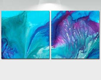 Abstract Watercolor Canvas Art Set, Teal Purple Blue Turquoise Aqua Navy Plum Berry, Bedroom wall art or Dorm room