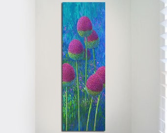 Tall narrow vertical wall art canvas floral abstract, Colorful bathroom picture - purple magenta blue teal turquoise lime green & pink