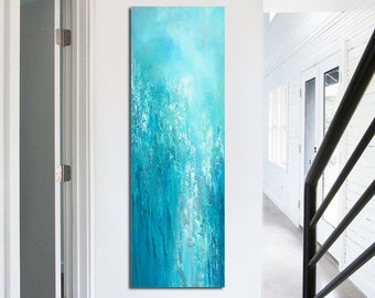 Tall vertical blue wall art, Teal turquoise aqua gray white, Abstract painting - Canvas Art Print