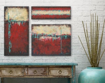 Red black aqua teal, Rustic art work for Southwest decor, 3 piece wall art canvas print collection, Southwestern style abstract Santa fe art