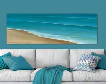 Beach ocean painting panoramic canvas wall art, Teal blue coastal beachy living room pictures, Dining room wall decor, Above bed art