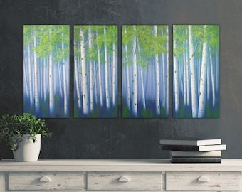 Navy blue green landscape wall art, Large tree painting, Lime white, Birch Aspen 4 piece canvas, Tall panels