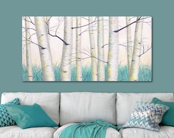 Aspen tree landscape painting, Aqua teal yellow gray and white birch tree canvas wall art, Bedroom bathroom living & dining room wall decor