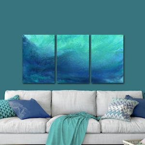 Blue Green Abstract Painting, Dark blue cobalt teal aqua, Large 3 piece canvas wall art for bedroom, dining room or living area