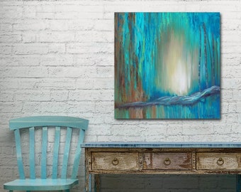 Large wall art canvas, Turquoise teal brown & aqua blue, Original abstract painting for living room, dining area or bedroom wall decor