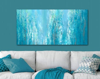 Teal blue & green abstract painting - Canvas art print, Gray turquoise white, Small or large wall art, Oversized XL 72"