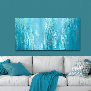 Teal blue & green abstract painting - Canvas art print, Gray turquoise white, Small or large wall art, Oversized XL 72"