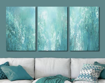 Extra large abstract 3 piece canvas art for grey teal master bedroom wall decor above bed, Three panel dining living room staircase pictures