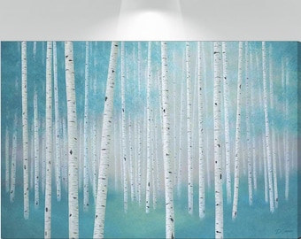 Tree painting Aspen trees birch tree pictures, Teal blue gray & white canvas wall art, Living or dining room wall decor, Above bed art