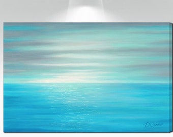 Teal aqua blue & gray abstract ocean wall art, Large seascape canvas artwork for coastal beach decor