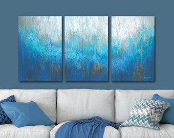 Aqua blue and brown wall art, Large abstract 3 panel canvas art set, Navy teal gray white