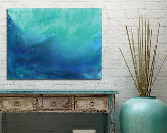 Coastal abstract canvas wall art, Navy cobalt aqua teal blue green, Oversized art print for beach house decor