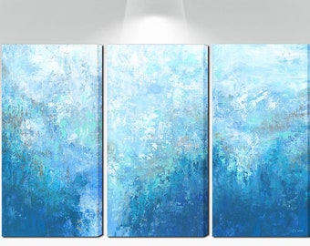 Aqua white blue abstract 3 piece canvas, Large three panel contemporary wall art for living dining room pictures, Bedroom decor above bed