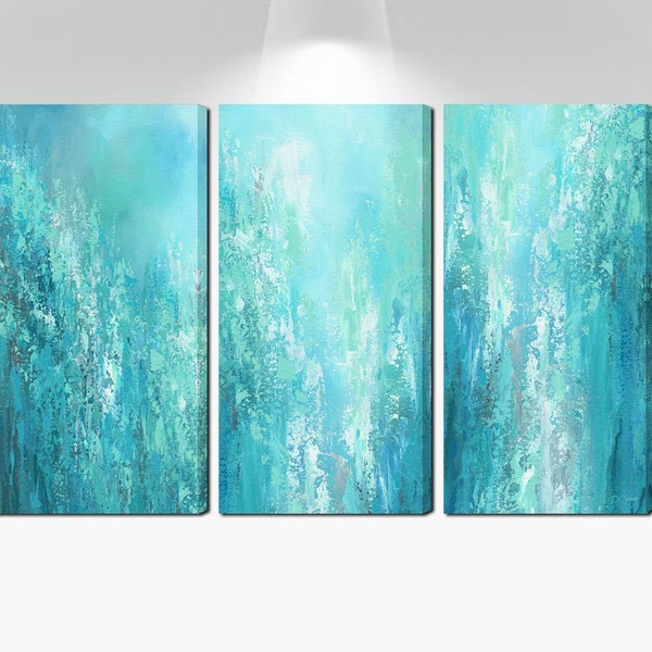 Large abstract triptych, 3 piece wall art canvas set, Aqua gray & teal bedroom decor above bed art, Three panel dining living room pictures