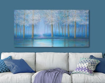 Large canvas water landscape, Aqua blue navy & violet, Tree picture for bedroom, living or dining room wall art