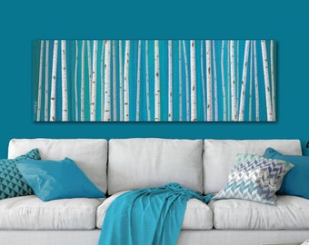 Original birch tree painting, Teal blue gray turquoise green, Panoramic canvas wall art