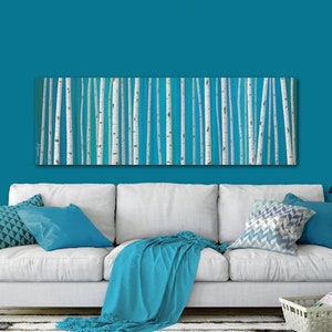 Original birch tree painting, Teal blue gray turquoise green, Panoramic canvas wall art image 1