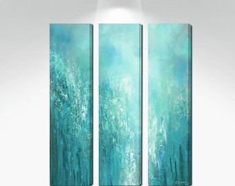 Gray & teal pictures, 3 piece wall art canvas abstract, Tall narrow vertical multi panel print set of three, Aqua blue green teal wall art