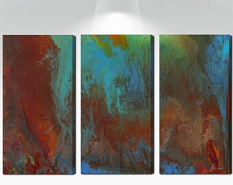 Abstract triptych 3 piece wall art canvas set, Red blue brown & green decor for bedroom, dining living room, foyer or office