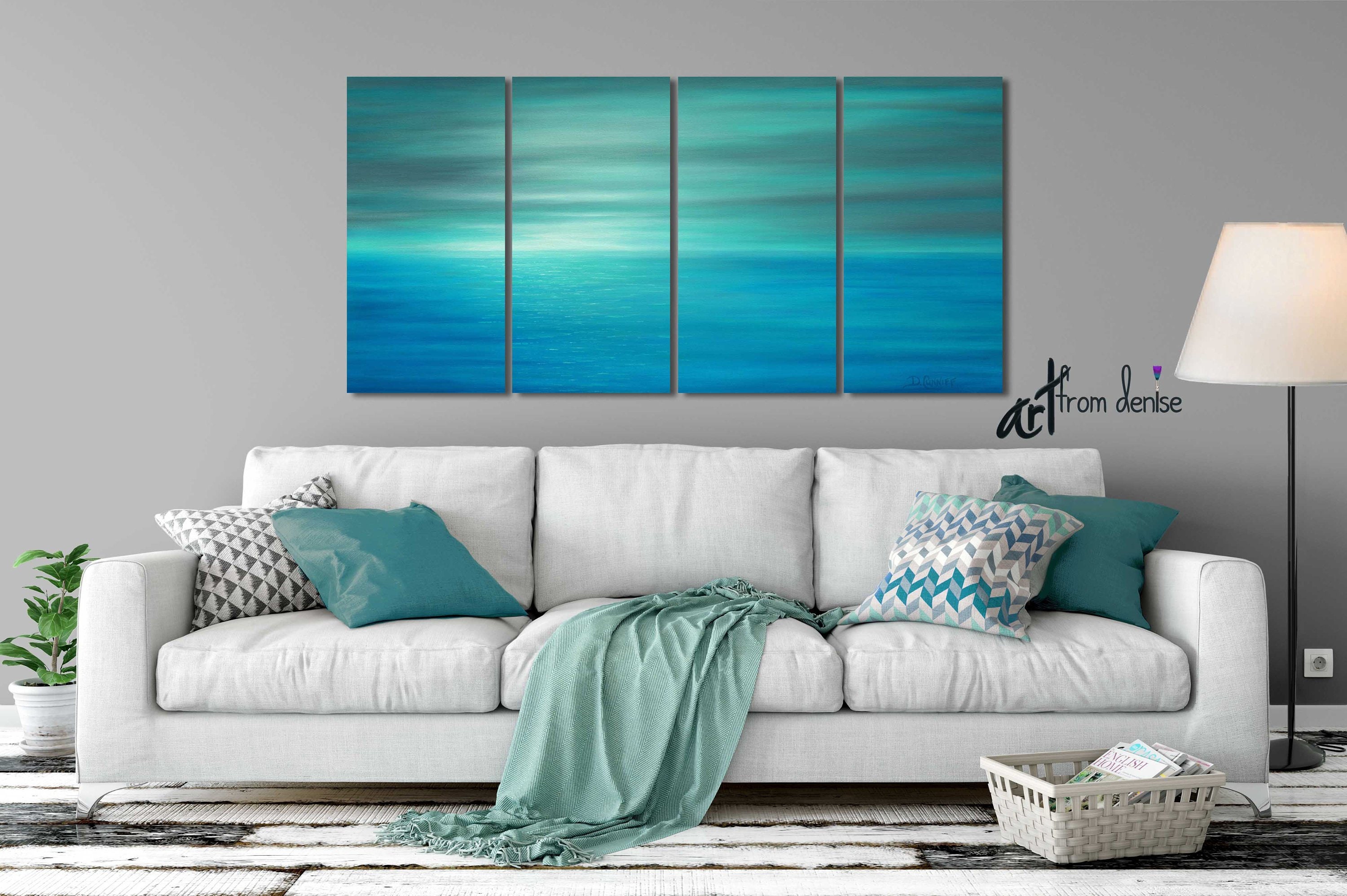Tall Vertical Blue Wall Art, Teal Turquoise Aqua Gray White, Abstract  Painting Canvas Art Print 
