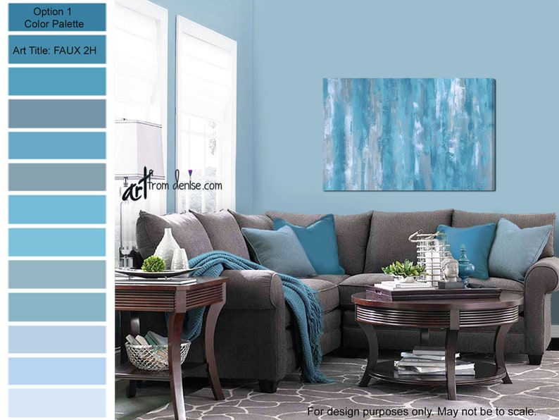 Grey & blue abstract canvas wall art above bed decor for Etsy