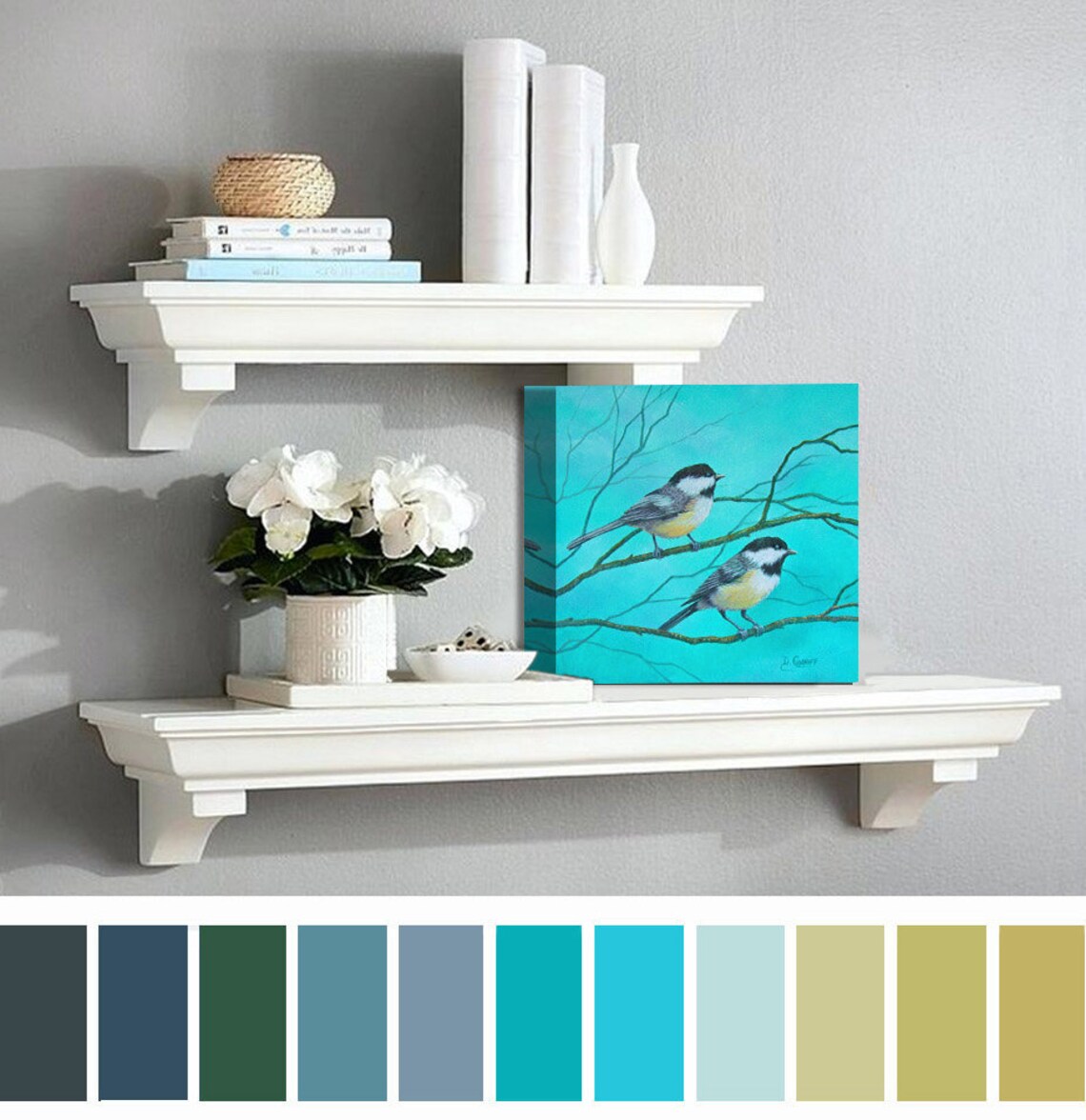 Aqua wall art Original bird painting Teal blue gray & | Etsy