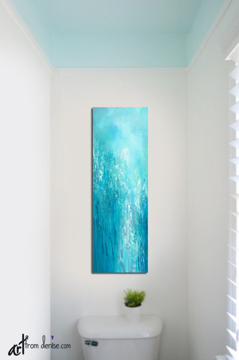 Tall vertical blue wall art, Teal turquoise aqua gray white, Abstract painting Canvas Art Print image 9