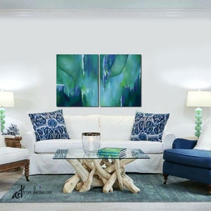 Teal wall art, Large abstract painting canvas art print set, Blue green turquoise navy aqua pictures for dining or living room wall decor image 4