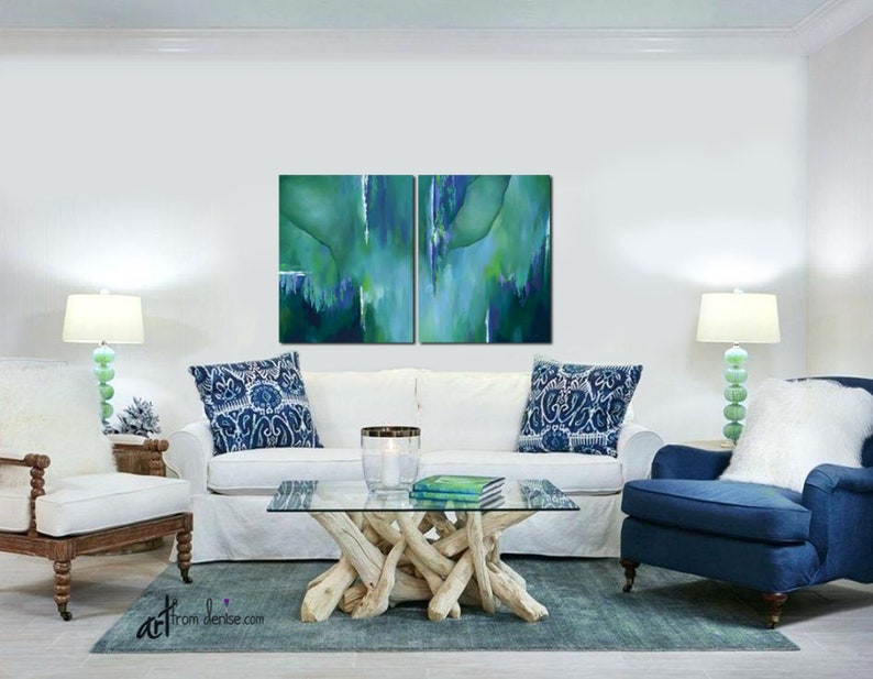 Teal wall art, Large abstract painting canvas art print set, Blue green turquoise navy aqua pictures for dining or living room wall decor image 4