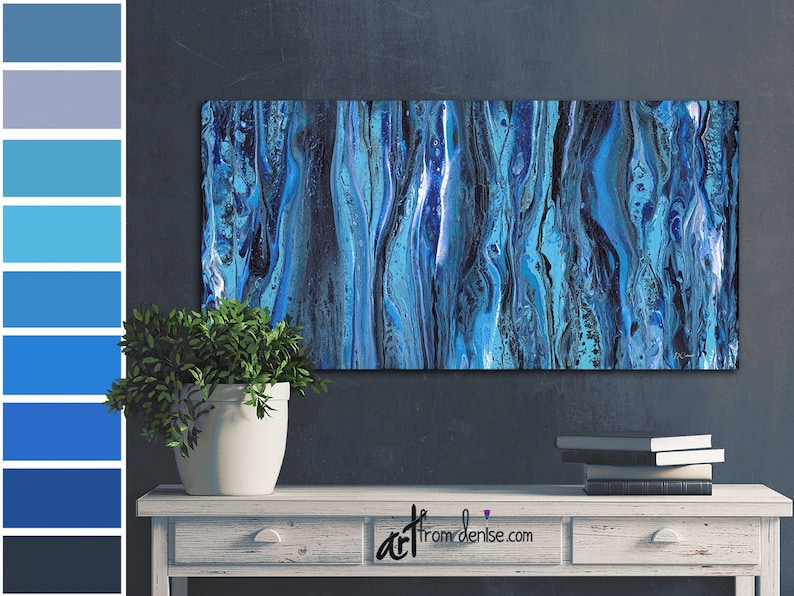 Blue & black abstract, Long horizontal canvas wall art, over bed decor, above couch artwork or living dining room picture image 1